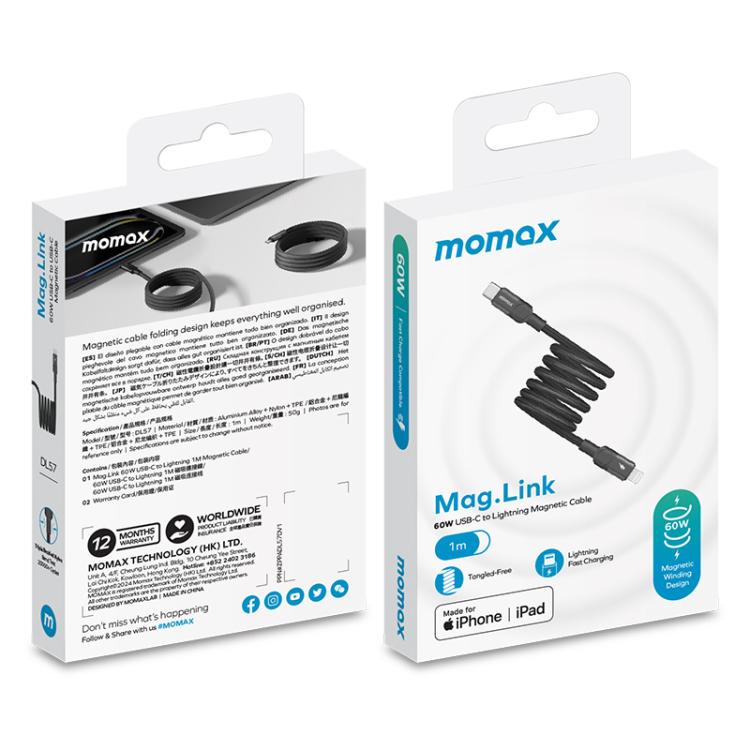MOMAX DL57D Mag.Link 60W Type-Cから8ピン磁気編組高速充電データケーブル、長さ：1m