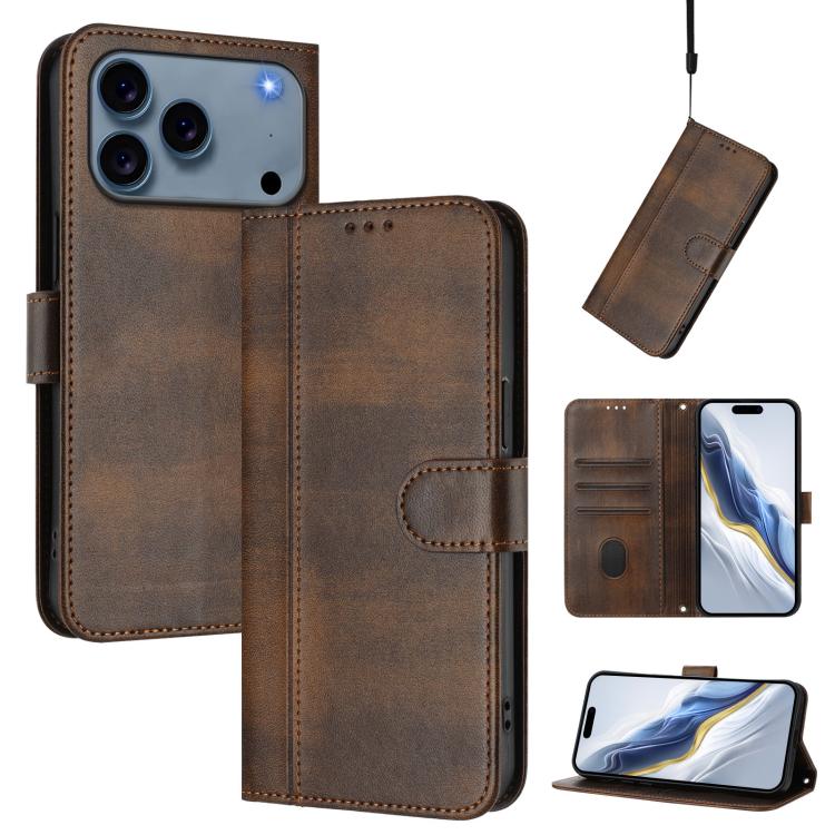 ラインスプライシングバックル レトロレザー スマホケース、iPhone 17e / 16e 用、iPhone 17 Pro Max 用、iPhone 17 Pro 用、iPhone 17 用、iPhone Air 用、iPhone 16 Pro Max 用