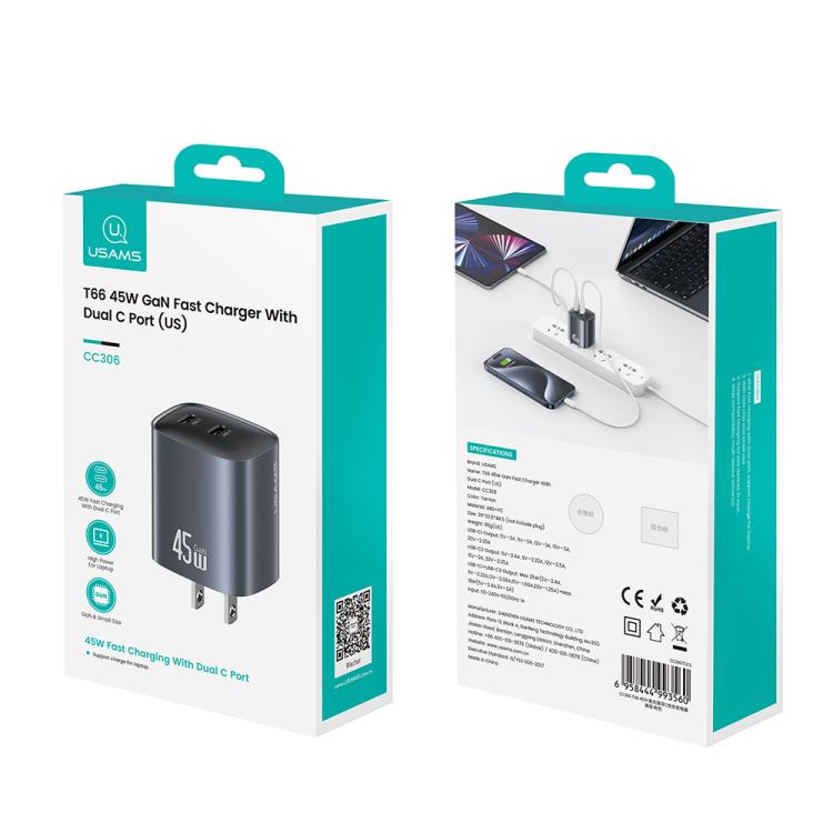 USAMS CC306 T66 45W デュアルUSB-C / Type-C GaN急速充電器、USプラグ、CC306