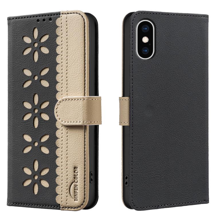 スプライシングカラーホローフラワーパターンRFIDレザースマホケース、iPhone XS Max用、iPhone 6 Plus / 7 Plus / 8 Plus用、iPhone 6 / 7 / 8用