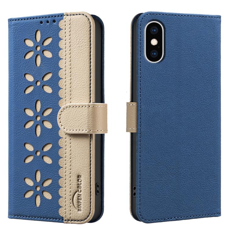 スプライシングカラーホローフラワーパターンRFIDレザースマホケース、iPhone XS Max用、iPhone 6 Plus / 7 Plus / 8 Plus用、iPhone 6 / 7 / 8用