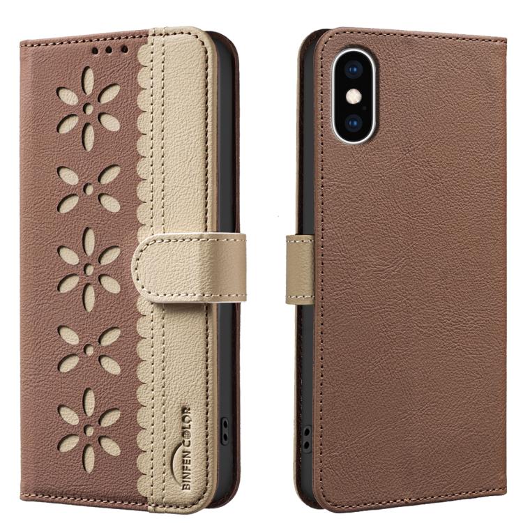 スプライシングカラーホローフラワーパターンRFIDレザースマホケース、iPhone XS Max用、iPhone 6 Plus / 7 Plus / 8 Plus用、iPhone 6 / 7 / 8用