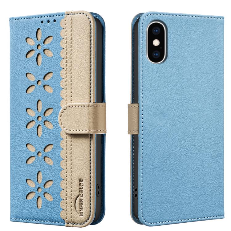 スプライシングカラーホローフラワーパターンRFIDレザースマホケース、iPhone XS Max用、iPhone 6 Plus / 7 Plus / 8 Plus用、iPhone 6 / 7 / 8用