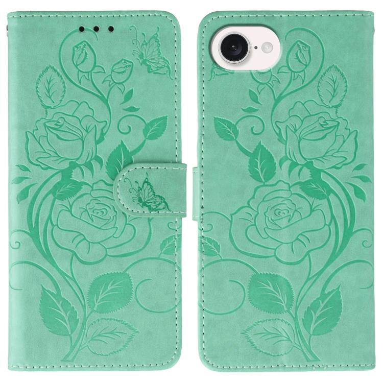 ローズバタフライ エンボスレザー電話ケース、iPhone 17e / 16e 用、iPhone 17 Pro Max 用、iPhone 17 Pro 用、iPhone 17 用、iPhone Air 用