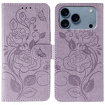 ローズバタフライ エンボスレザー電話ケース、iPhone 17e / 16e 用、iPhone 17 Pro Max 用、iPhone 17 Pro 用、iPhone 17 用、iPhone Air 用