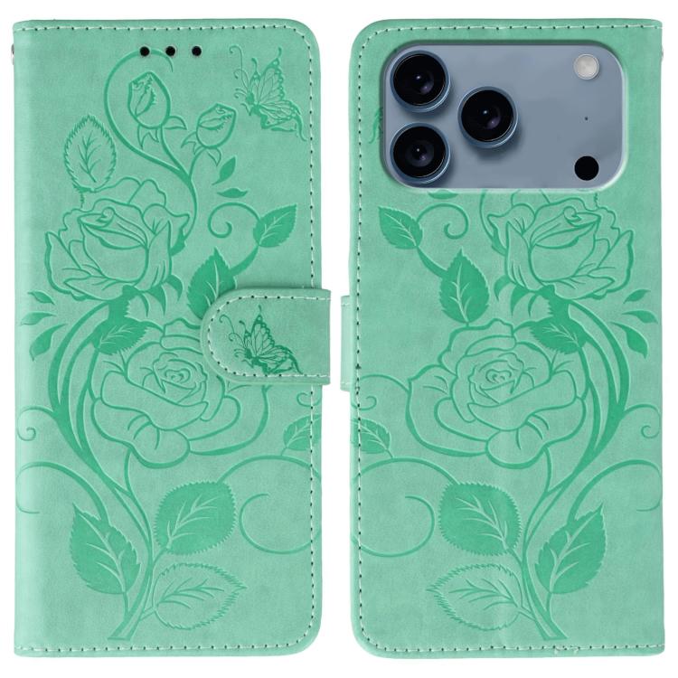 ローズバタフライ エンボスレザー電話ケース、iPhone 17e / 16e 用、iPhone 17 Pro Max 用、iPhone 17 Pro 用、iPhone 17 用、iPhone Air 用