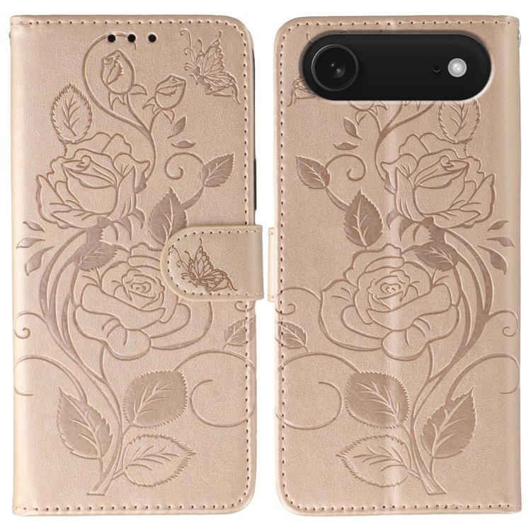 ローズバタフライ エンボスレザー電話ケース、iPhone 17e / 16e 用、iPhone 17 Pro Max 用、iPhone 17 Pro 用、iPhone 17 用、iPhone Air 用