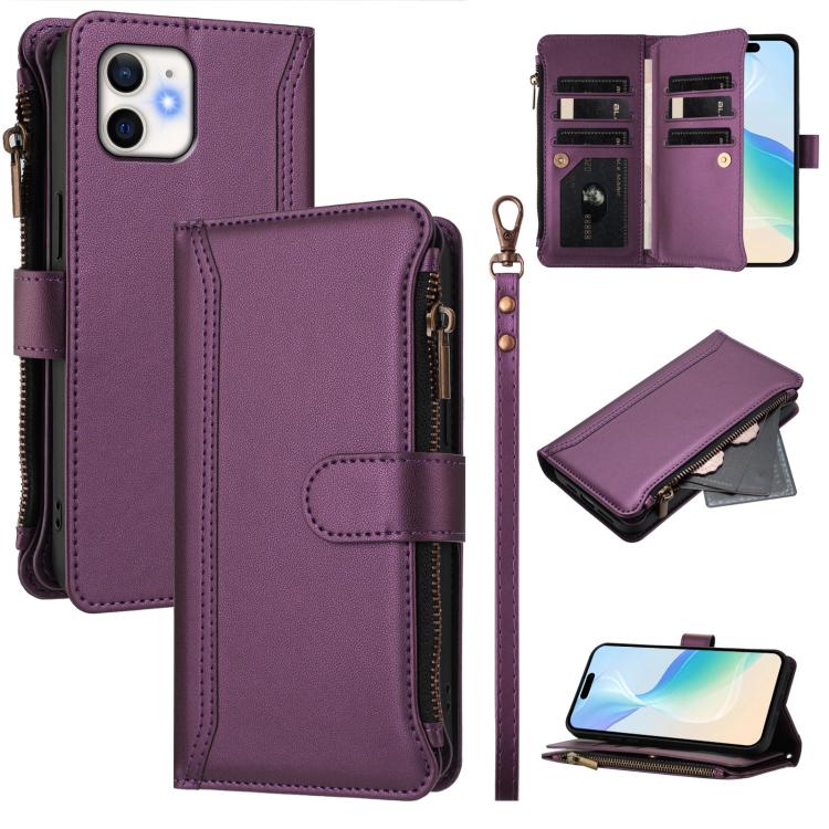 マグネット留め具9カードスロットジッパーレザーケース（ハンドストラップ付き）、iPhone 11 Pro Max用、iPhone 11用、iPhone 11 Pro用、iPhone XS / X用、iPhone XR用、iPhone XS Max用、iPhone 8 Plus / 7 Plus用