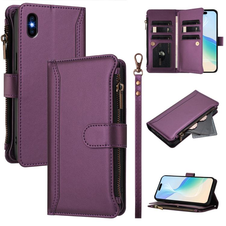 マグネット留め具9カードスロットジッパーレザーケース（ハンドストラップ付き）、iPhone 11 Pro Max用、iPhone 11用、iPhone 11 Pro用、iPhone XS / X用、iPhone XR用、iPhone XS Max用、iPhone 8 Plus / 7 Plus用