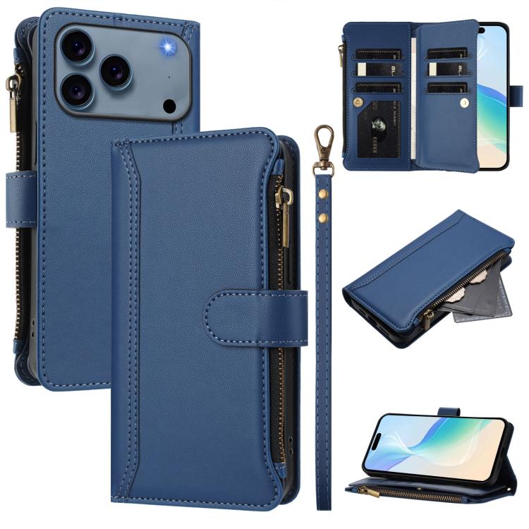 磁気留め具 9カードスロット ジッパーレザーケース ハンドストラップ付き、iPhone 17e / 16e 用、iPhone 17 Pro Max 用、iPhone 17 Pro 用、iPhone 17 用、iPhone Air 用、iPhone 16 Pro Max 用、iPhone 16 Pro 用、iPhone 16 Plus 用