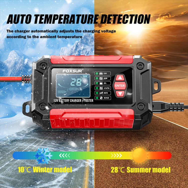 FOXSUR FTC-1206 2 in 1 12V Charging Tester Integrated Machine Car Motorcycle Battery Charger Tester, EU Plug, US Plug, UK Plug, AU Plug