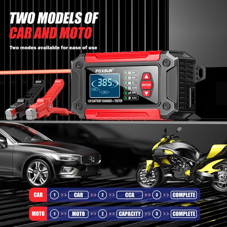 FOXSUR FTC-1206 2 in 1 12V Charging Tester Integrated Machine Car Motorcycle Battery Charger Tester, EU Plug, US Plug, UK Plug, AU Plug