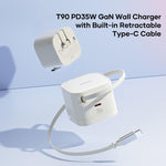 ROCK T90 PD35W Type-C シングルポート GaN壁掛け充電器 Type-C巻き取りケーブル付き、UKプラグ、EUプラグ