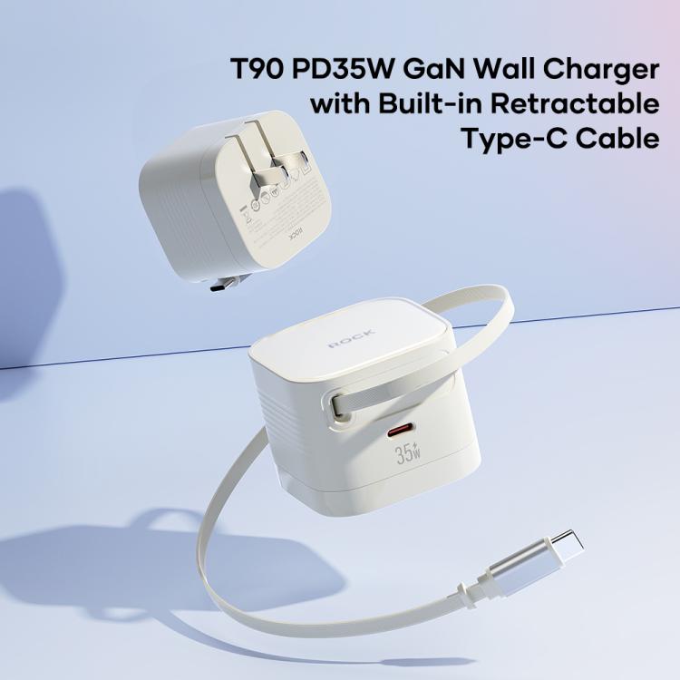 ROCK T90 PD35W Type-C シングルポート GaN壁掛け充電器 Type-C巻き取りケーブル付き、UKプラグ、EUプラグ