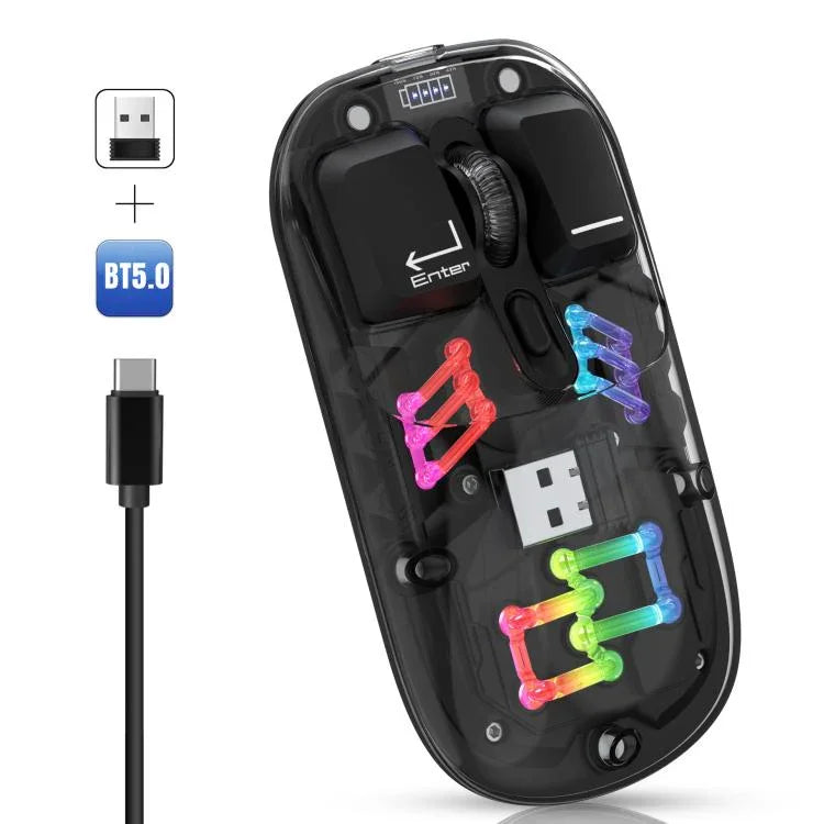 HXSJ T200 デュアルモード 2.4G BT5.0 透明RGB ワイヤレスマウス、T200