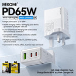 WK WP-U66 Kinkong 65W デュアル USB-C / Type-C + USB GaN 急速充電器、UKプラグ、USプラグ、EUプラグ