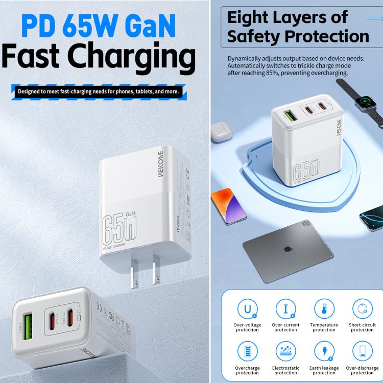 WK WP-U66 Kinkong 65W デュアル USB-C / Type-C + USB GaN 急速充電器、UKプラグ、USプラグ、EUプラグ