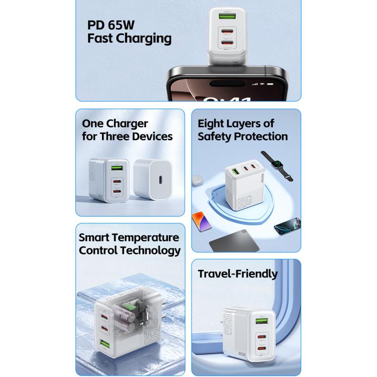 WK WP-U66 Kinkong 65W デュアル USB-C / Type-C + USB GaN 急速充電器、UKプラグ、USプラグ、EUプラグ