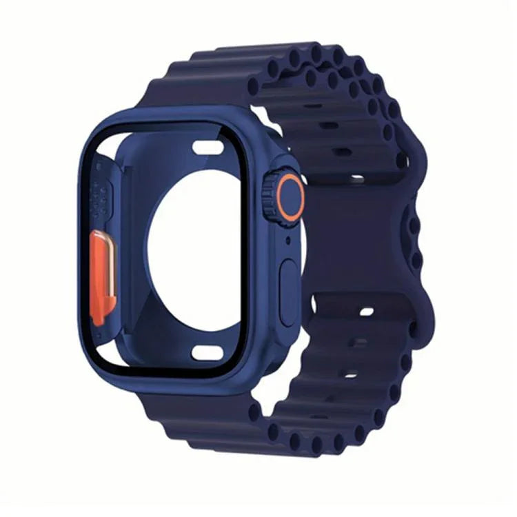 バタフライバックル オーシャン シリコン ウォッチバンド フィルム一体型PCケース付き、Apple Watch シリーズ 44mm 用、Apple Watch シリーズ 40mm 用、Apple Watch シリーズ 10 / 11 46mm 用、Apple Watch シリーズ 10 / 11 42mm 用、Apple Watch シリーズ 45mm 用