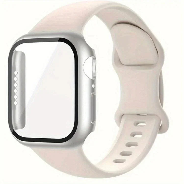 バタフライバックル シリコン ウォッチバンド フィルム一体型PCカバー付き、Apple Watch シリーズ 44mm 用、Apple Watch シリーズ 40mm 用、Apple Watch シリーズ 10 / 11 46mm 用、Apple Watch シリーズ 10 / 11 42mm 用、Apple Watch シリーズ 45mm 用