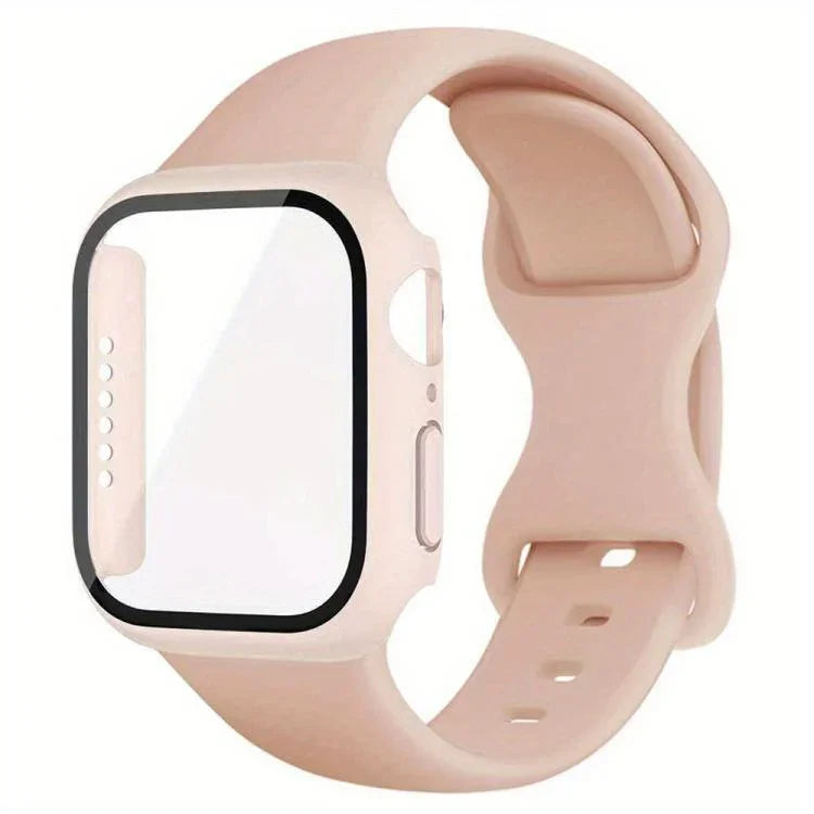 バタフライバックル シリコン ウォッチバンド フィルム一体型PCカバー付き、Apple Watch シリーズ 44mm 用、Apple Watch シリーズ 40mm 用、Apple Watch シリーズ 10 / 11 46mm 用、Apple Watch シリーズ 10 / 11 42mm 用、Apple Watch シリーズ 45mm 用