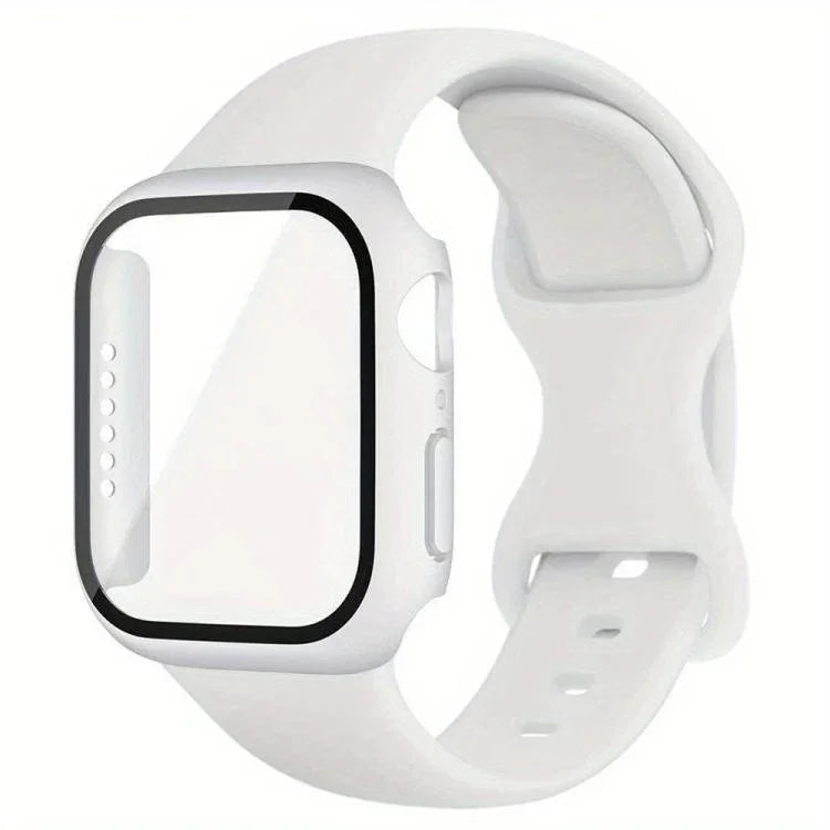バタフライバックル シリコン ウォッチバンド フィルム一体型PCカバー付き、Apple Watch シリーズ 44mm 用、Apple Watch シリーズ 40mm 用、Apple Watch シリーズ 10 / 11 46mm 用、Apple Watch シリーズ 10 / 11 42mm 用、Apple Watch シリーズ 45mm 用