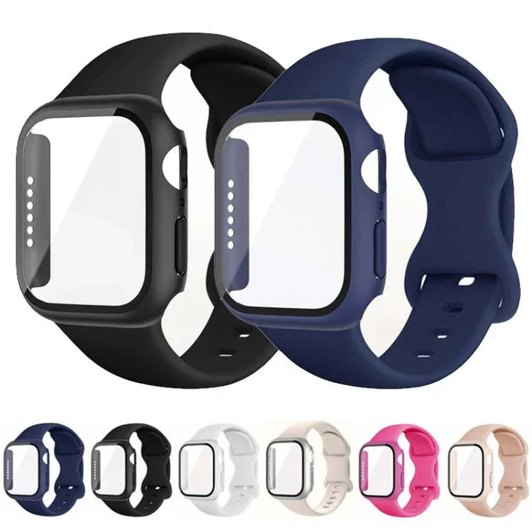 バタフライバックル シリコン ウォッチバンド フィルム一体型PCカバー付き、Apple Watch シリーズ 44mm 用、Apple Watch シリーズ 40mm 用、Apple Watch シリーズ 10 / 11 46mm 用、Apple Watch シリーズ 10 / 11 42mm 用、Apple Watch シリーズ 45mm 用