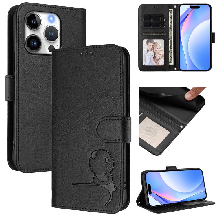 Litter Panda エンボス加工 RFID レザー電話ケース ストラップ付き、iPhone 17e / 16e 用、iPhone 17 Pro Max 用、iPhone 17 Pro 用、iPhone 17 用、iPhone Air 用、iPhone 16 Pro Max 用、iPhone 16 Pro 用、iPhone 16 Plus 用