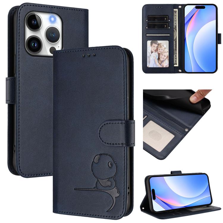 Litter Panda エンボス加工 RFID レザー電話ケース ストラップ付き、iPhone 17e / 16e 用、iPhone 17 Pro Max 用、iPhone 17 Pro 用、iPhone 17 用、iPhone Air 用、iPhone 16 Pro Max 用、iPhone 16 Pro 用、iPhone 16 Plus 用