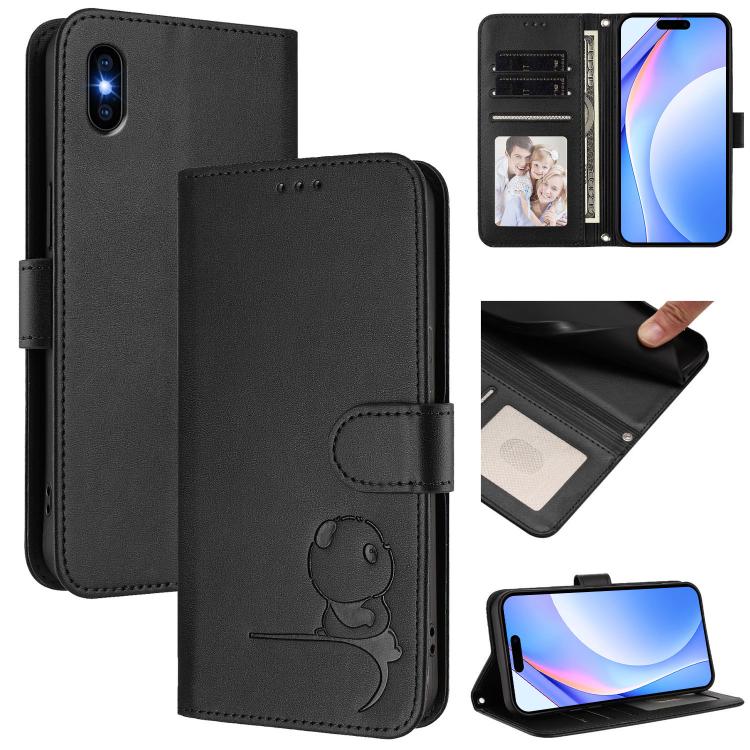 リトルパンダ型押し RFID レザー製スマホケース ストラップ付き、iPhone 11 Pro Max用、iPhone 11用、iPhone 11 Pro用、iPhone X / XS用、iPhone XR用、iPhone XS Max用、iPhone 8 Plus / 7 Plus用