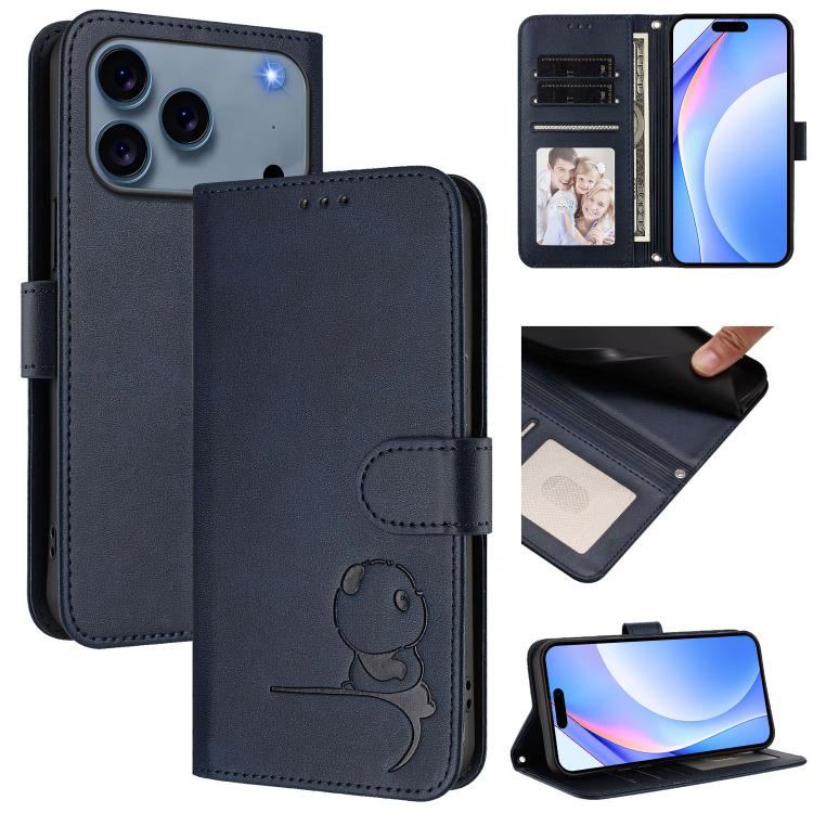 Litter Panda エンボス加工 RFID レザー電話ケース ストラップ付き、iPhone 17e / 16e 用、iPhone 17 Pro Max 用、iPhone 17 Pro 用、iPhone 17 用、iPhone Air 用、iPhone 16 Pro Max 用、iPhone 16 Pro 用、iPhone 16 Plus 用