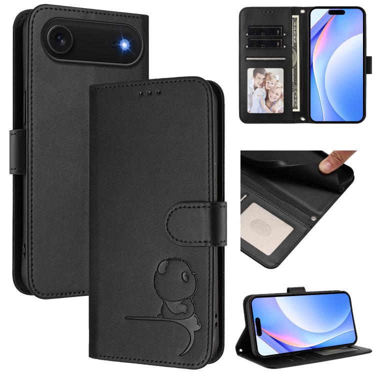Litter Panda エンボス加工 RFID レザー電話ケース ストラップ付き、iPhone 17e / 16e 用、iPhone 17 Pro Max 用、iPhone 17 Pro 用、iPhone 17 用、iPhone Air 用、iPhone 16 Pro Max 用、iPhone 16 Pro 用、iPhone 16 Plus 用