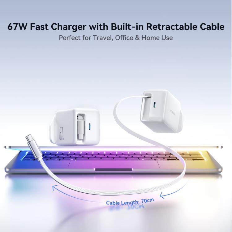 JOYROOM JR-TCL06 67W USB-C / Type-Cポート GaN急速充電器 巻き取りケーブル付き、UKプラグ