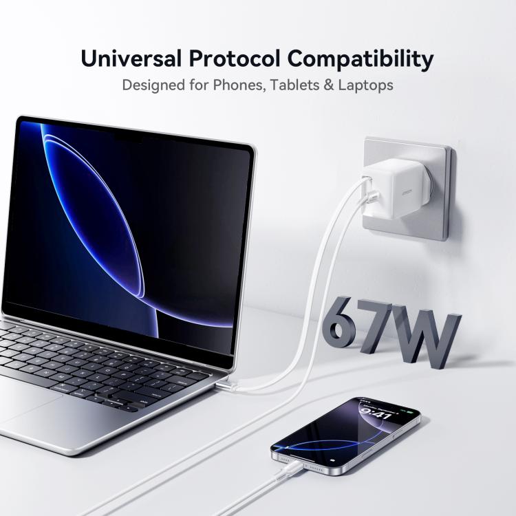 JOYROOM JR-TCL06 67W USB-C / Type-Cポート GaN急速充電器 巻き取りケーブル付き、UKプラグ