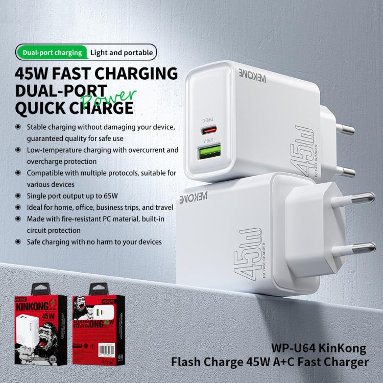 WK WP-U64 45W Kinkongフラッシュチャージ USB+Type-Cポート急速充電器、EUプラグ、UKプラグ、USプラグ