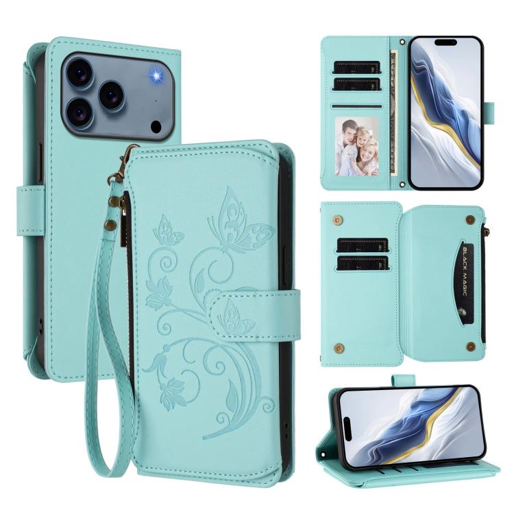 バタフライラブフラワー 多機能カードジッパー財布レザーフォンケース、iPhone 17e / 16e 用、iPhone 17 Pro Max 用、iPhone 17 Pro 用、iPhone 17 用、iPhone Air 用、iPhone 16 Pro Max 用