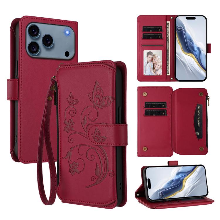 バタフライラブフラワー 多機能カードジッパー財布レザーフォンケース、iPhone 17e / 16e 用、iPhone 17 Pro Max 用、iPhone 17 Pro 用、iPhone 17 用、iPhone Air 用、iPhone 16 Pro Max 用