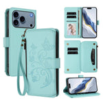 バタフライラブフラワー 多機能カードジッパー財布レザーフォンケース、iPhone 17e / 16e 用、iPhone 17 Pro Max 用、iPhone 17 Pro 用、iPhone 17 用、iPhone Air 用、iPhone 16 Pro Max 用