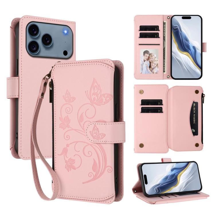 バタフライラブフラワー 多機能カードジッパー財布レザーフォンケース、iPhone 17e / 16e 用、iPhone 17 Pro Max 用、iPhone 17 Pro 用、iPhone 17 用、iPhone Air 用、iPhone 16 Pro Max 用