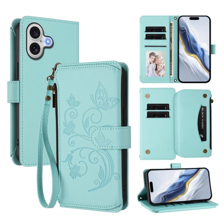 バタフライラブフラワー 多機能カードジッパー財布レザーフォンケース、iPhone 17e / 16e 用、iPhone 17 Pro Max 用、iPhone 17 Pro 用、iPhone 17 用、iPhone Air 用、iPhone 16 Pro Max 用