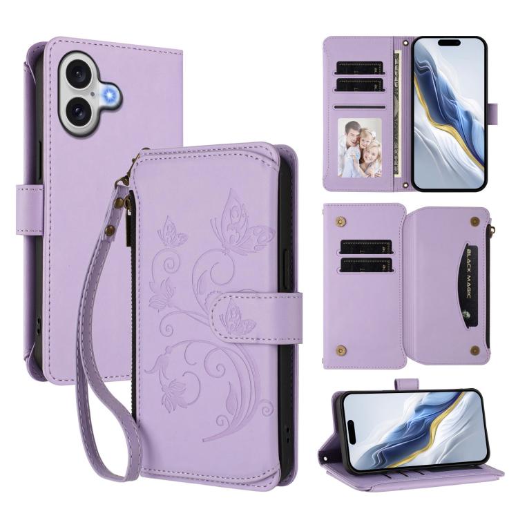 バタフライラブフラワー 多機能カードジッパー財布レザーフォンケース、iPhone 17e / 16e 用、iPhone 17 Pro Max 用、iPhone 17 Pro 用、iPhone 17 用、iPhone Air 用、iPhone 16 Pro Max 用
