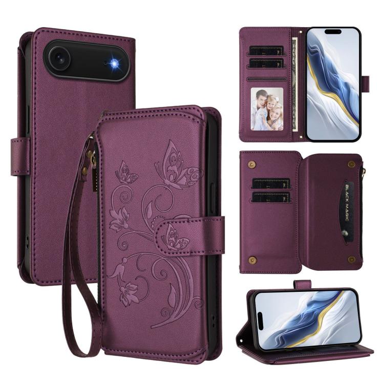 バタフライラブフラワー 多機能カードジッパー財布レザーフォンケース、iPhone 17e / 16e 用、iPhone 17 Pro Max 用、iPhone 17 Pro 用、iPhone 17 用、iPhone Air 用、iPhone 16 Pro Max 用