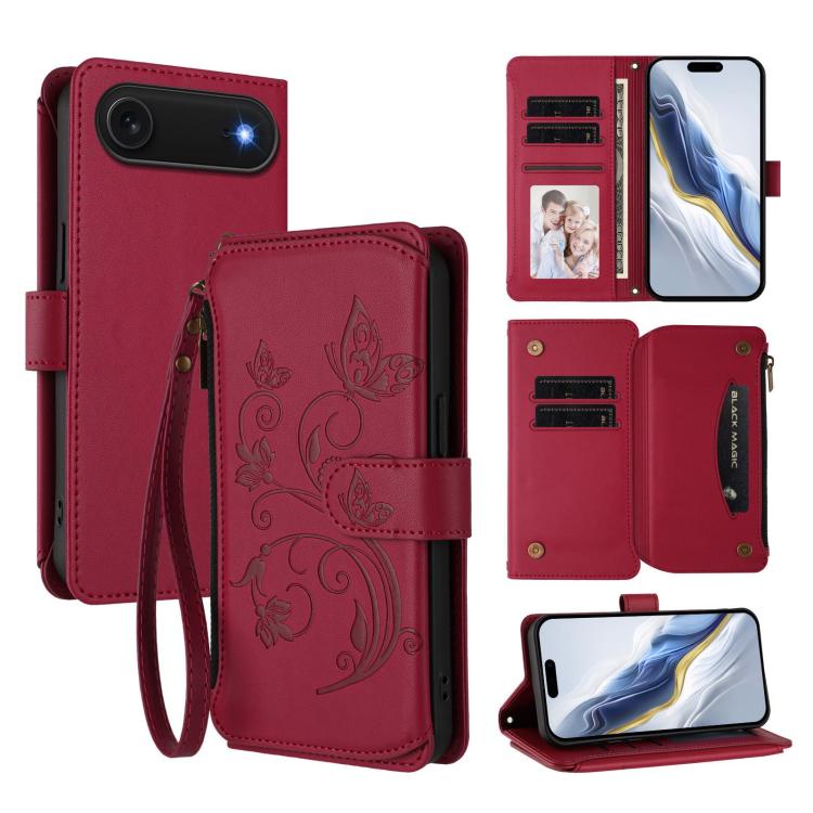 バタフライラブフラワー 多機能カードジッパー財布レザーフォンケース、iPhone 17e / 16e 用、iPhone 17 Pro Max 用、iPhone 17 Pro 用、iPhone 17 用、iPhone Air 用、iPhone 16 Pro Max 用