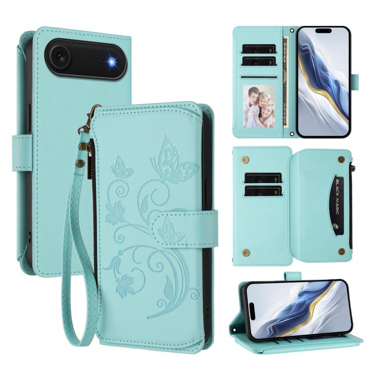 バタフライラブフラワー 多機能カードジッパー財布レザーフォンケース、iPhone 17e / 16e 用、iPhone 17 Pro Max 用、iPhone 17 Pro 用、iPhone 17 用、iPhone Air 用、iPhone 16 Pro Max 用