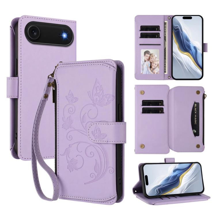バタフライラブフラワー 多機能カードジッパー財布レザーフォンケース、iPhone 17e / 16e 用、iPhone 17 Pro Max 用、iPhone 17 Pro 用、iPhone 17 用、iPhone Air 用、iPhone 16 Pro Max 用