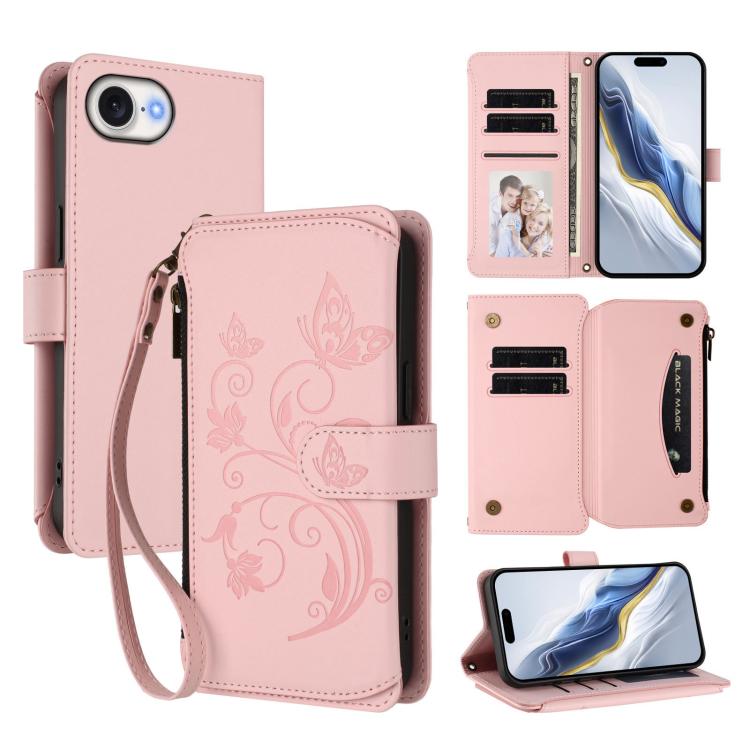 バタフライラブフラワー 多機能カードジッパー財布レザーフォンケース、iPhone 17e / 16e 用、iPhone 17 Pro Max 用、iPhone 17 Pro 用、iPhone 17 用、iPhone Air 用、iPhone 16 Pro Max 用