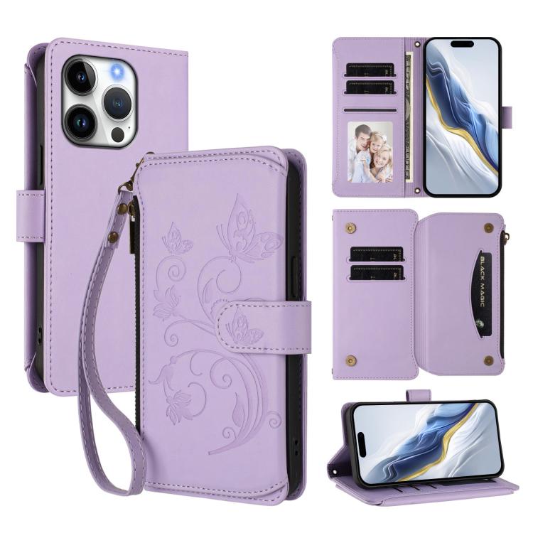バタフライラブフラワー 多機能カードジッパー財布レザーフォンケース、iPhone 17e / 16e 用、iPhone 17 Pro Max 用、iPhone 17 Pro 用、iPhone 17 用、iPhone Air 用、iPhone 16 Pro Max 用