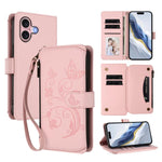 バタフライラブフラワー 多機能カードジッパー財布レザーフォンケース、iPhone 16 Pro 用、iPhone 16 Plus 用、iPhone 16 用、iPhone 15 Pro Max 用、iPhone 15 Pro 用、iPhone 15 Plus 用