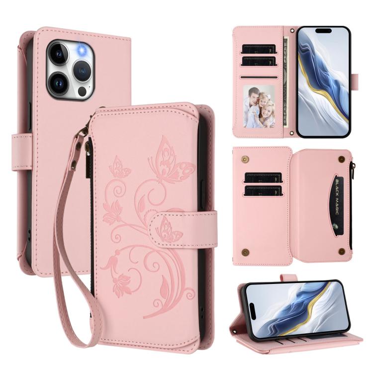 バタフライラブフラワー 多機能カードジッパー財布レザーフォンケース、iPhone 16 Pro 用、iPhone 16 Plus 用、iPhone 16 用、iPhone 15 Pro Max 用、iPhone 15 Pro 用、iPhone 15 Plus 用