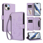 バタフライラブフラワー多カードジッパー財布レザーケース、iPhone 15用、iPhone 14 Plus用、iPhone 14 / 13用、iPhone 14 Pro用、iPhone 14 Pro Max用、iPhone 7 / 8 / SE 2022用